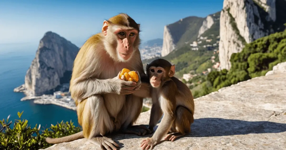 Berber Makaken Affe family interacting in their natural habitat on the Rock of Gibraltar, with the Mediterranean Sea in the background.