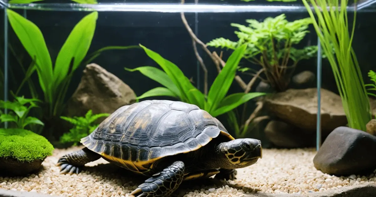 Haltung einer Schildkröte: Detailreiches Terrarium mit natürlichem Dekor und einer gesunden, aktiven Schildkröte.