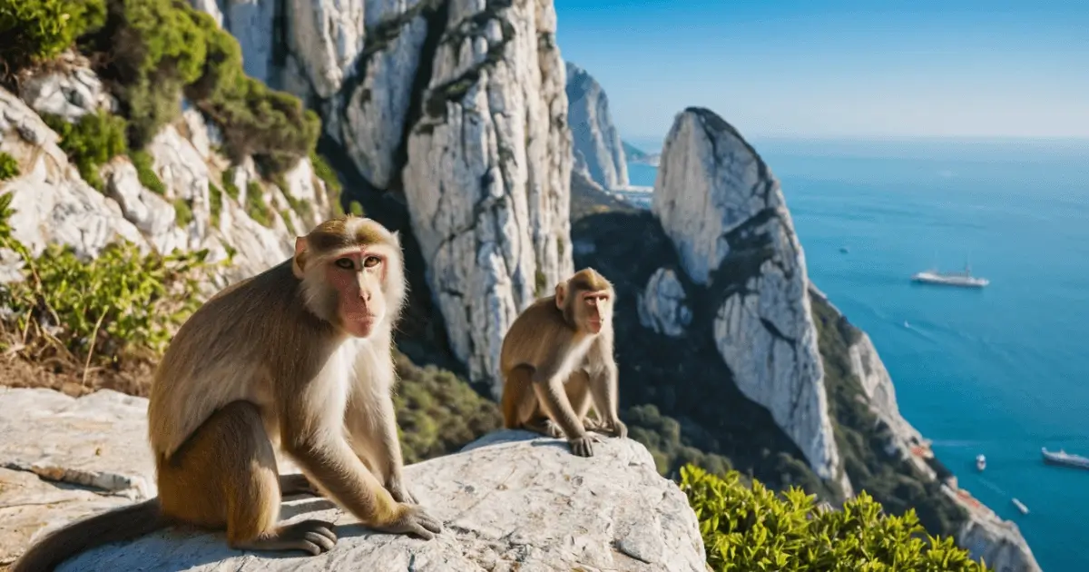 Berbermakaken in their natural habitat at Apes Den, Gibraltar, with the Rock of Gibraltar in the background