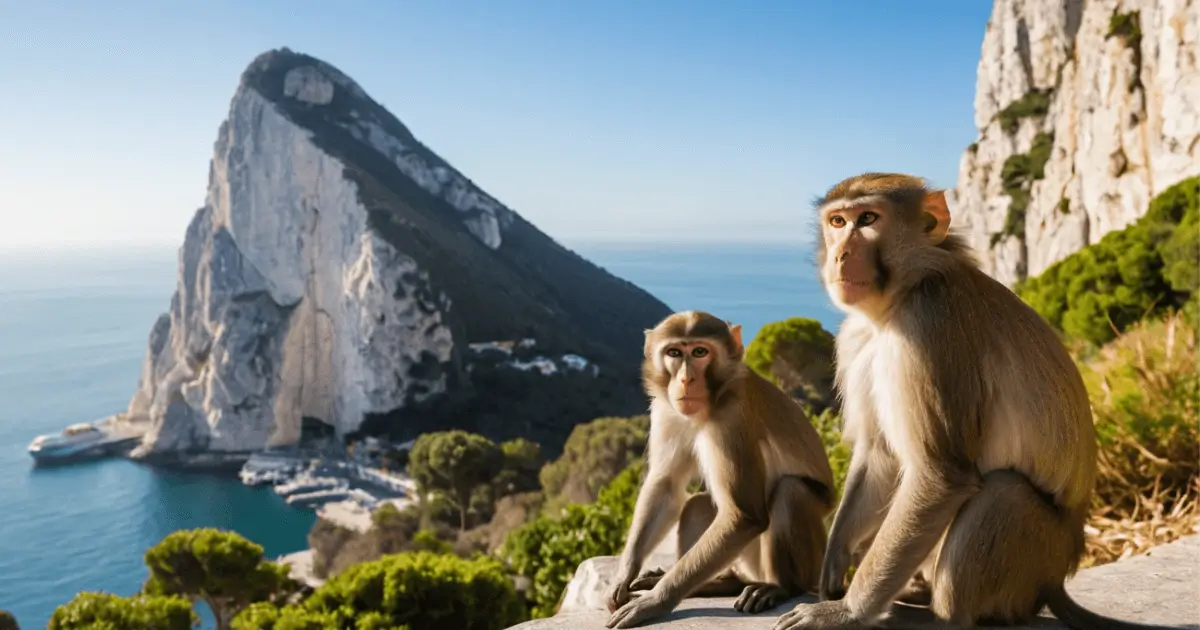 Eine Gruppe von Gibraltar Affen, bekannt als Berbermakaken, die spielerisch in ihrem natürlichen Lebensraum interagieren, mit dem Affenfelsen von Gibraltar im Hintergrund.